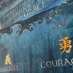 A Tough Mind and a Tender Heart calligraphy detail